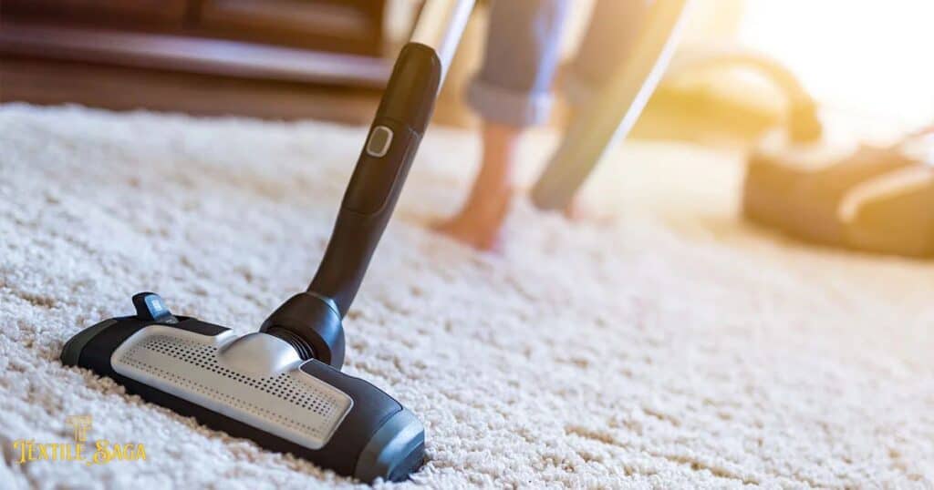 A lady cleaning a wool rug with a vacuum cleaner.