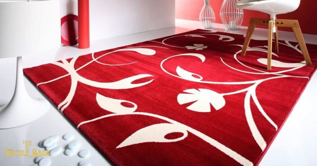 A red color beautifully designed rug is laid inside the room.