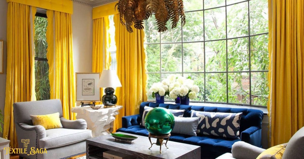 Beautiful yellow color curtains are hung over the widows of the room.