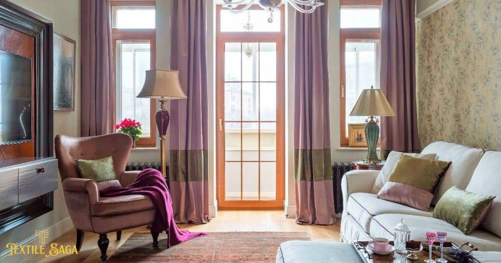 A beautifully decorative room having purple curtains hung over the widow and a sofa.