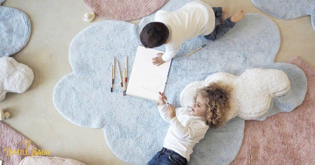 A small boy and a girl is playing with books and pencils on a area rug.