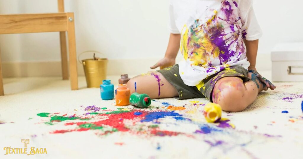 A boy playing with paints and his clothes and floor is all messed up with colors.