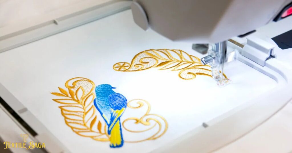 Machine embroiding a beautiful picture of a bird and flowers on a cloth.