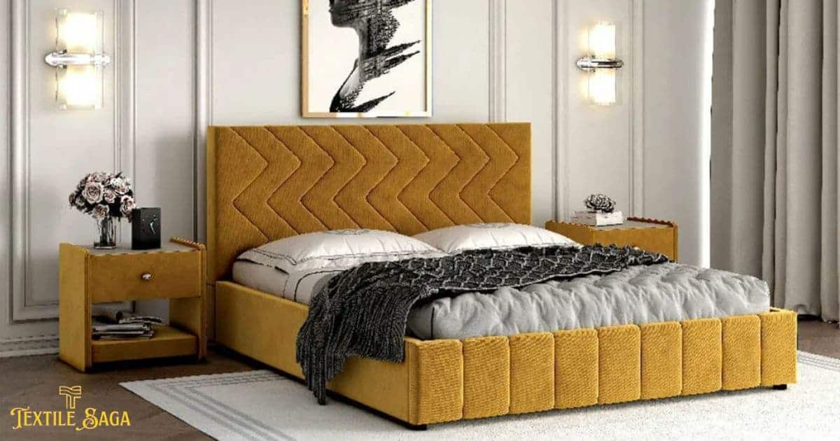 A beautiful yellowish color king bed is placed in room.